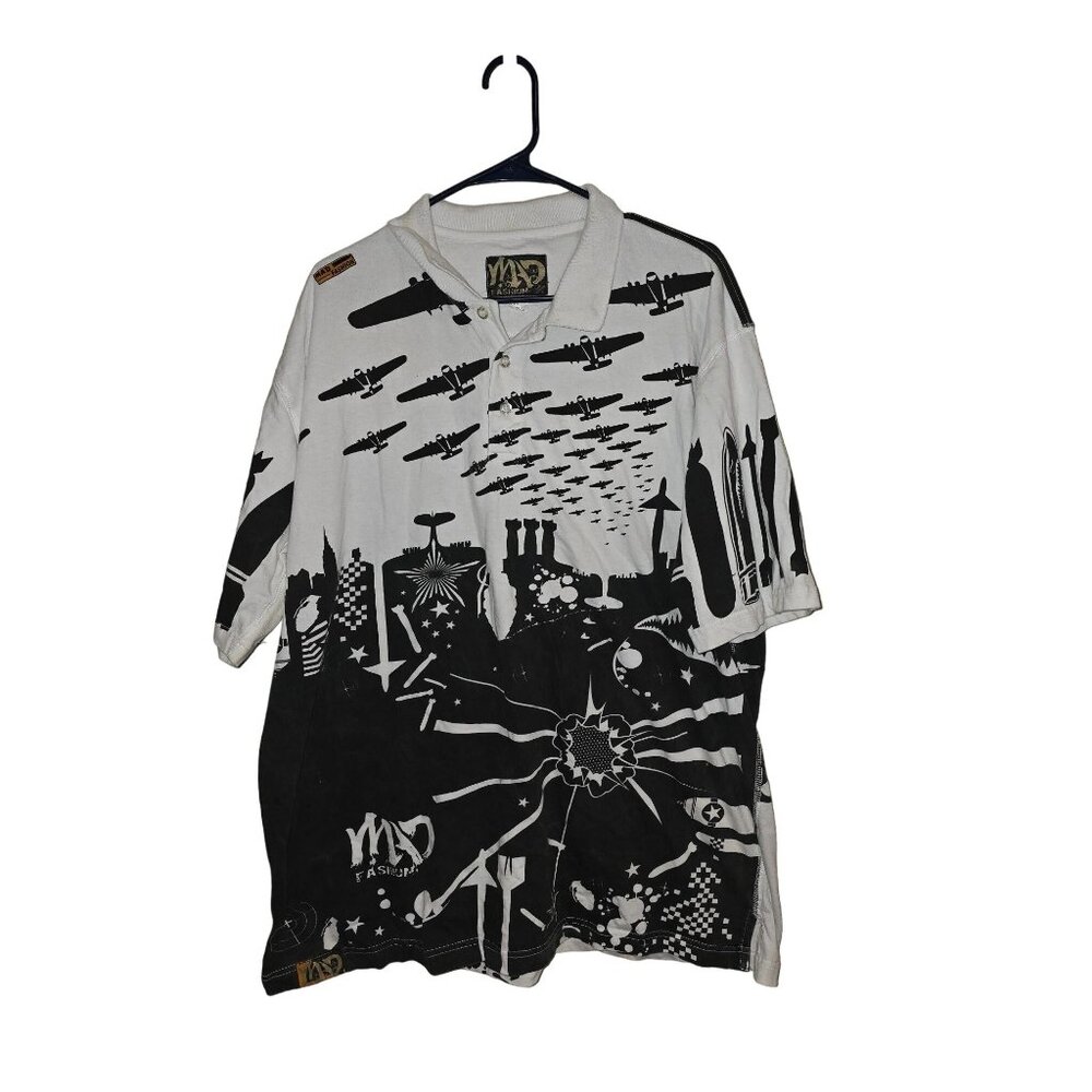 Mad Fashion Military Bombing Graphic Print Polo Shirt 2XL Black & White
